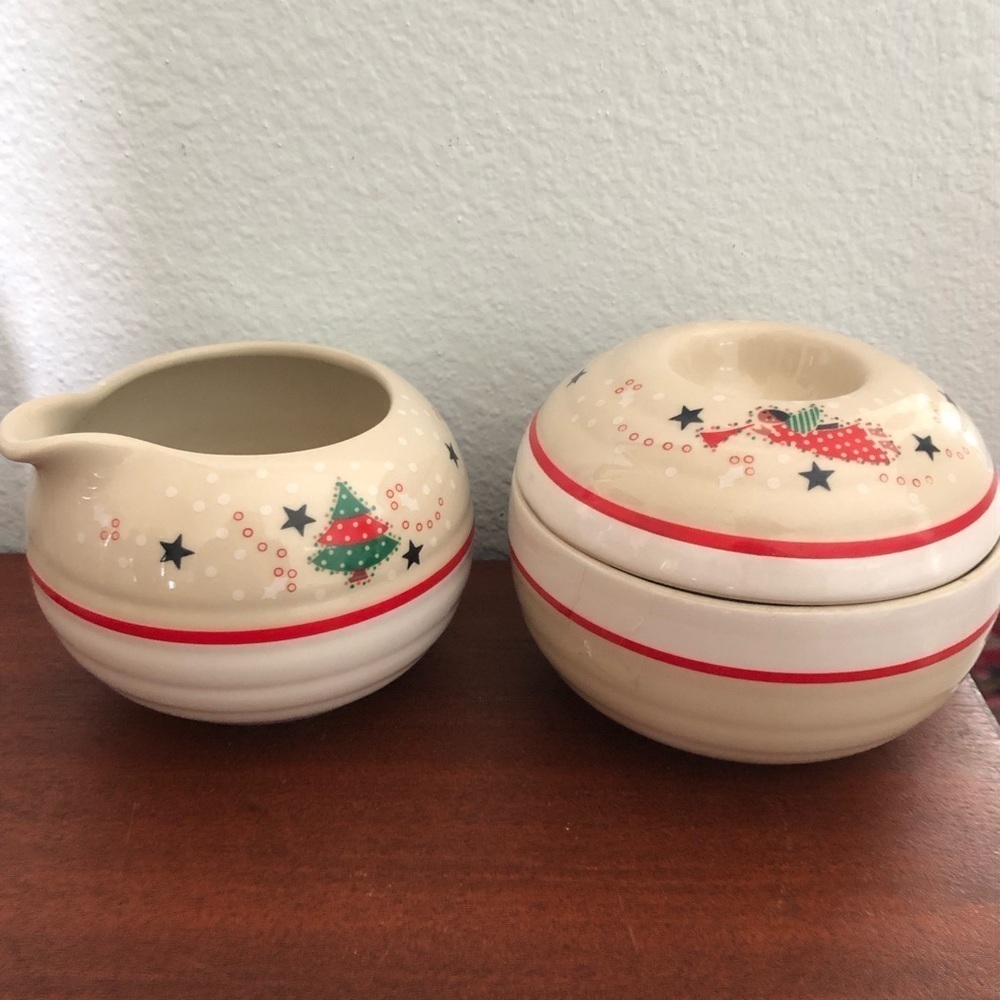 1970s MCM Epoch Brand Winter Holiday Cream and Sugar Set Angel Tree Model